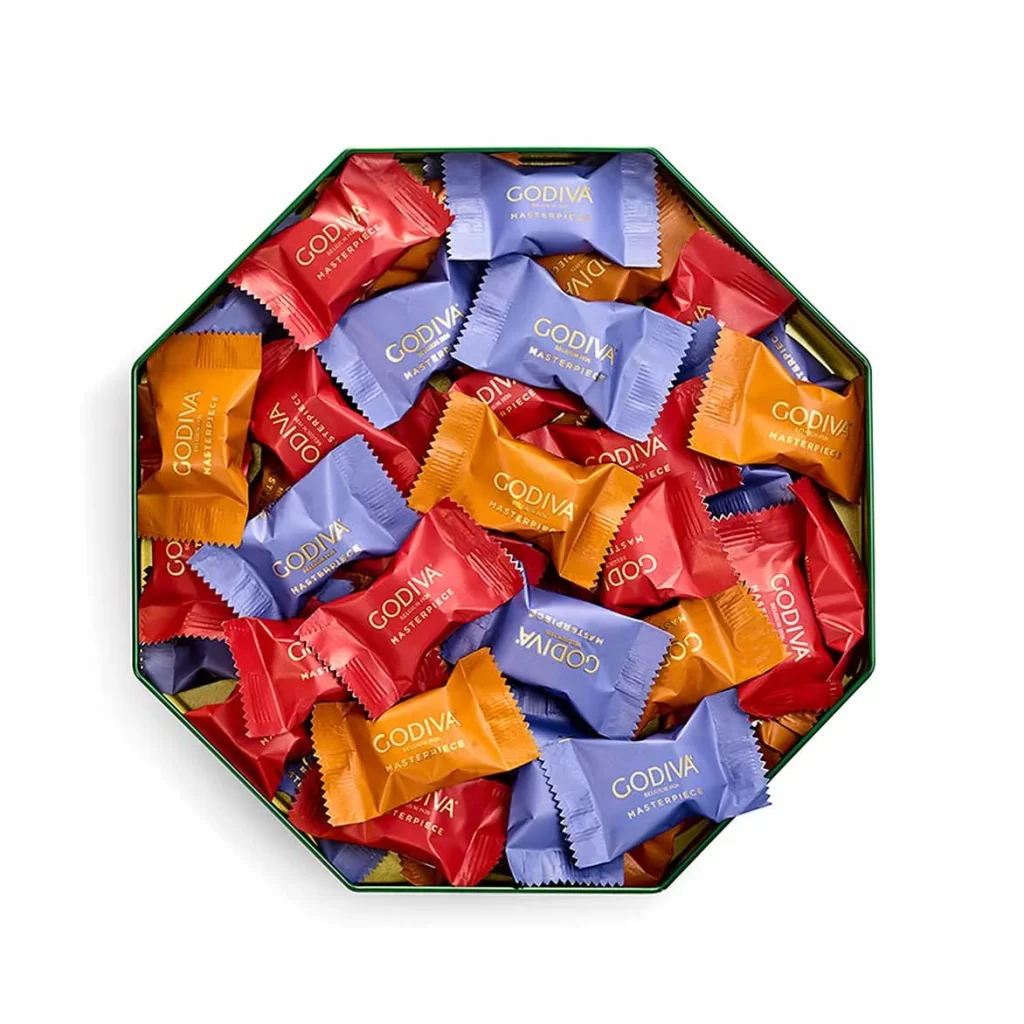 Godiva Assorted Masterpiece Holiday Tin 50 pc Set of 4 Packaging