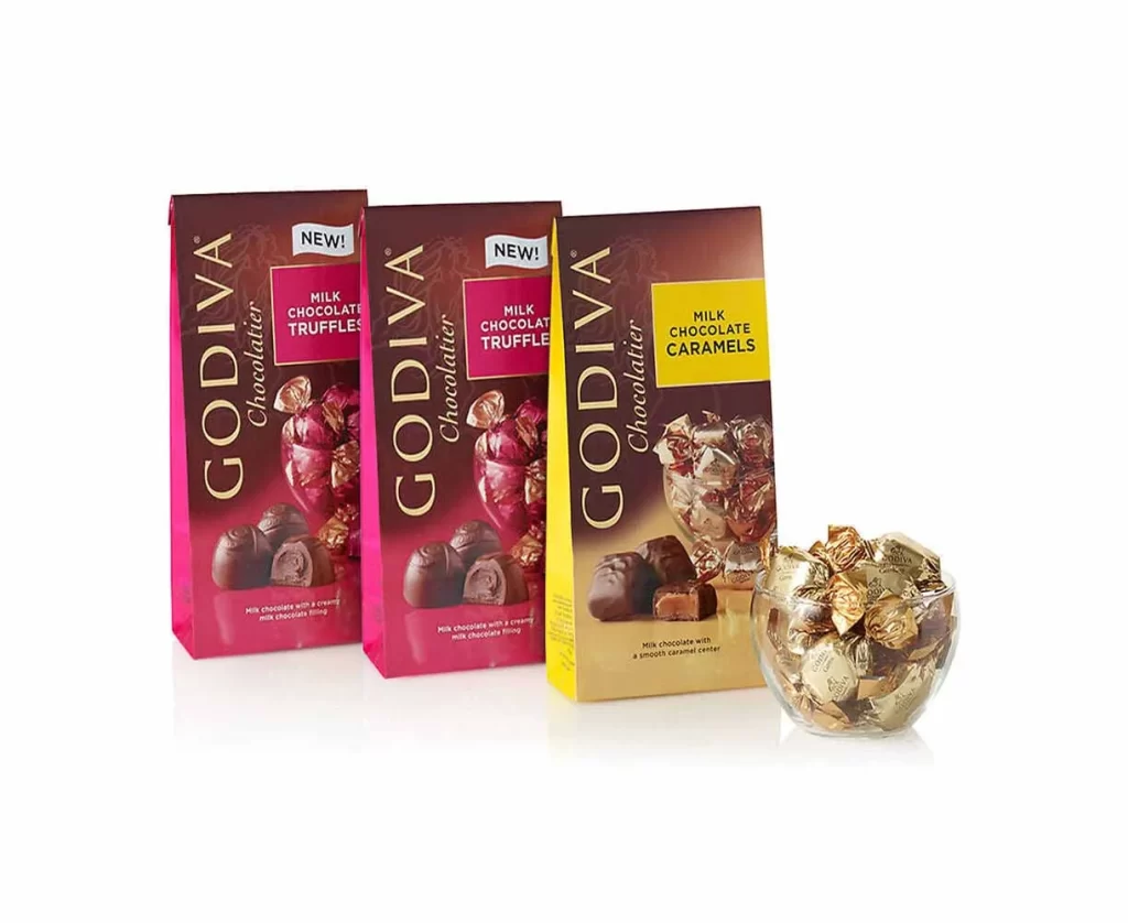 Godiva Assorted Milk Chocolate Truffles + Caramels Large Bags Wrapped Set of 3 Packaging