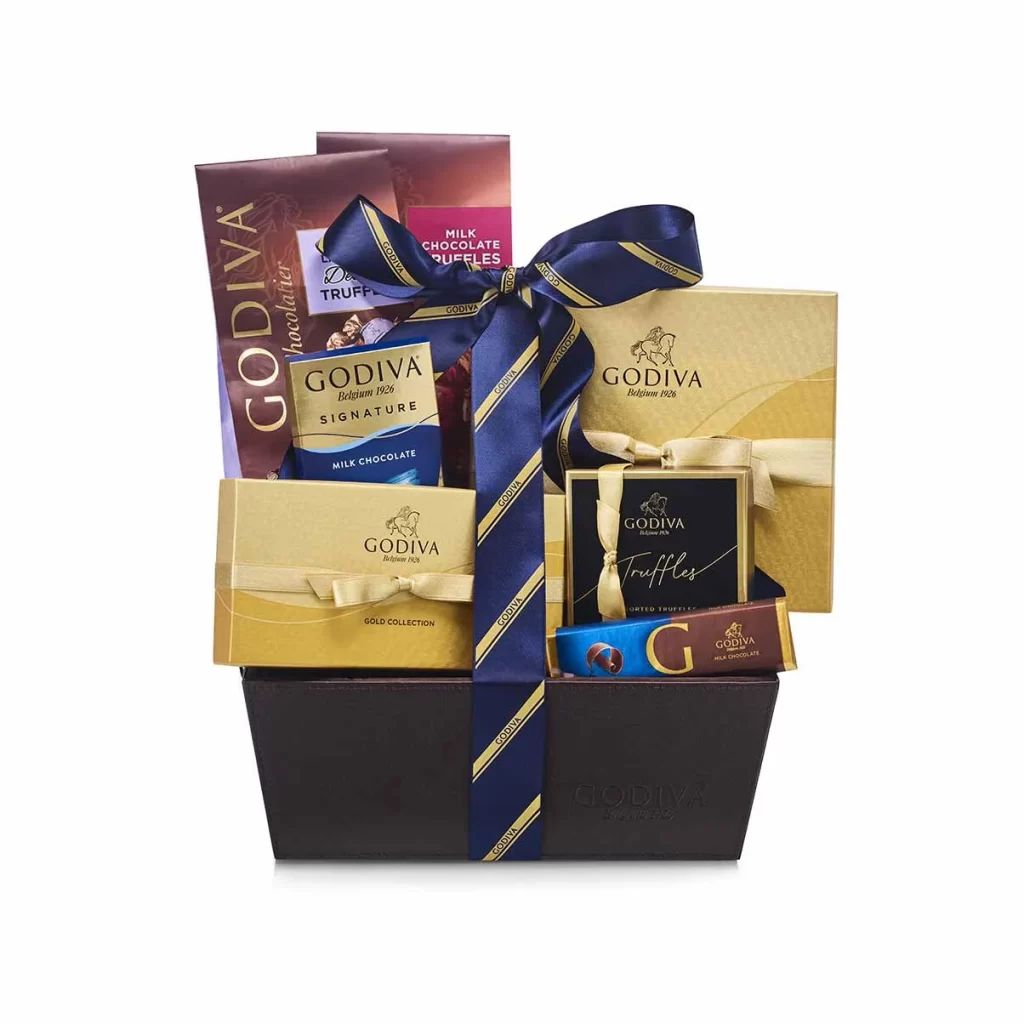 Godiva Chocolate Celebration Basket Striped Tie Ribbon Packaging