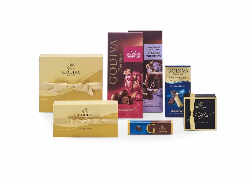 Godiva Chocolate Celebration Basket Striped Tie Ribbon Packaging