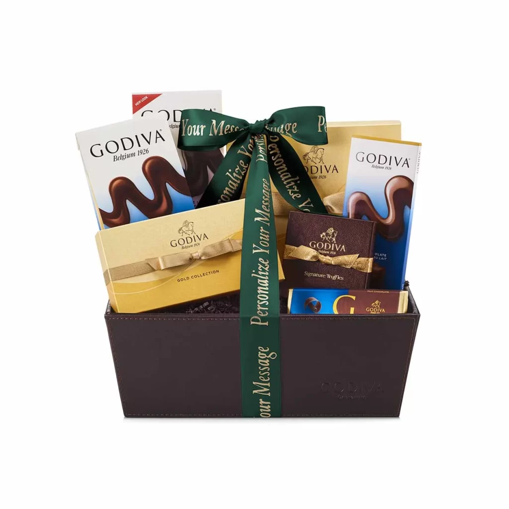 Godiva Chocolate Celebration Gift Basket Personalized Forest Green Ribbon Packaging