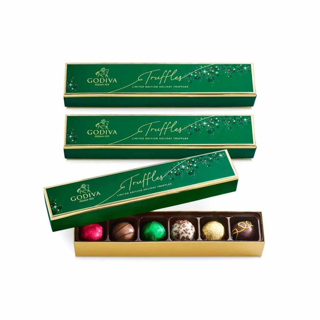 Godiva Chocolate Holiday Truffle Flight 6 pc Set of 3 Packaging