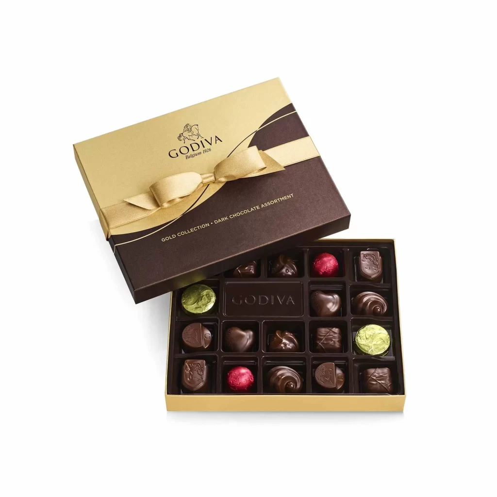Godiva Dark Chocolate Gift Box Gold Ribbon 18 pc Packaging