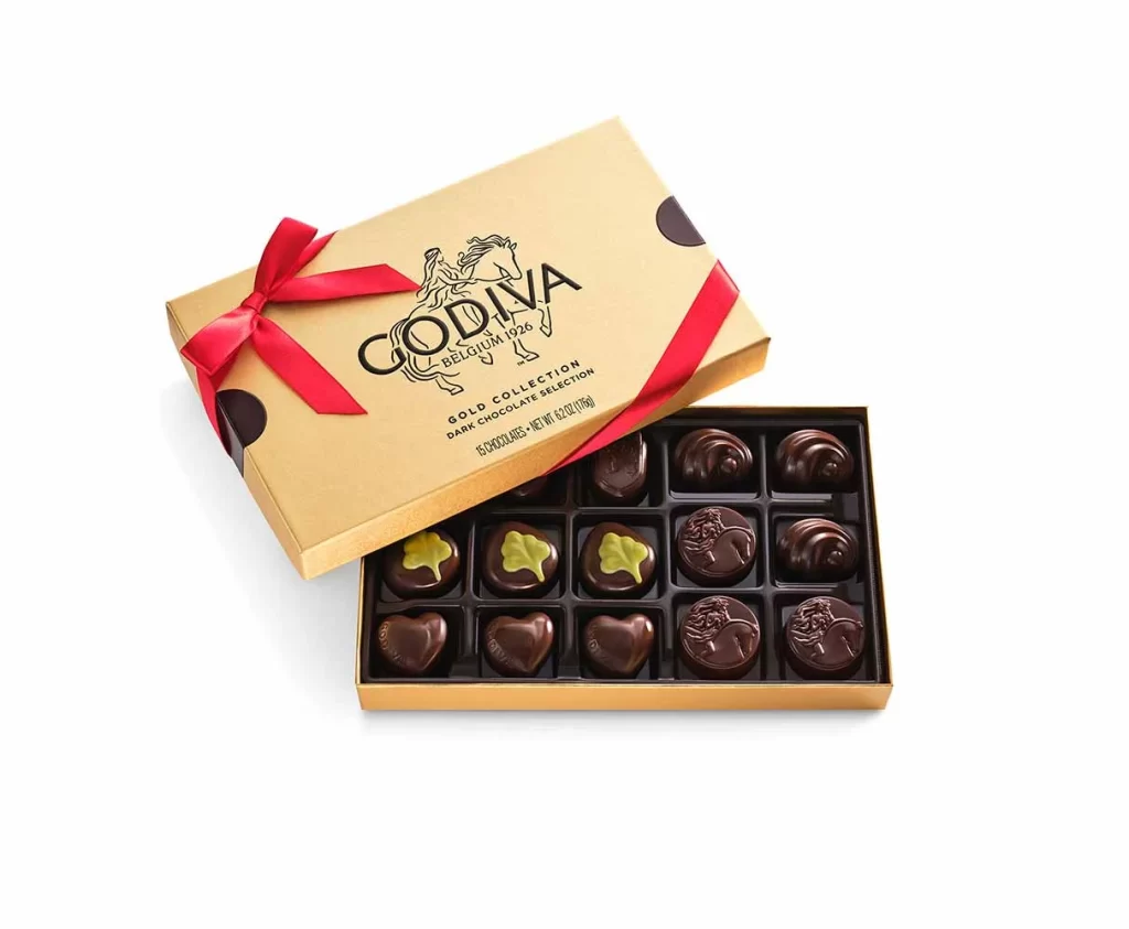 Godiva Dark Chocolate Gold Gift Box Red Ribbon 15 pc Packaging