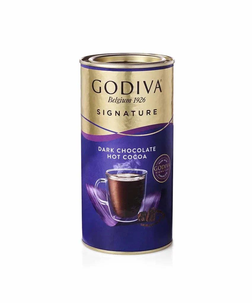 Godiva Dark Chocolate Hot Cocoa Canister 12 Servings Packaging