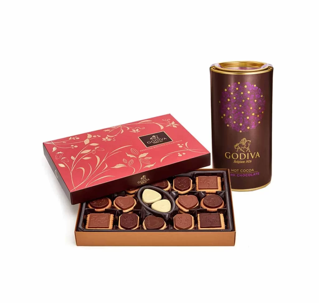 Godiva Dark Chocolate Hot Cocoa Tin + Chocolate Biscuit Gift Box 32 pc Packaging