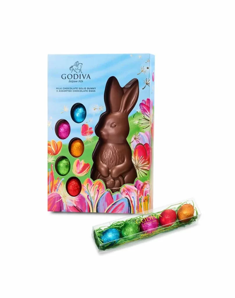 Godiva Eggstra Special Gift Box and Solid Milk Chocolate Bunny with Eggs Packaging