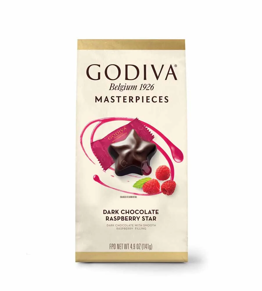 Godiva Masterpieces Dark Chocolate Raspberry Star Set of 6 Packaging