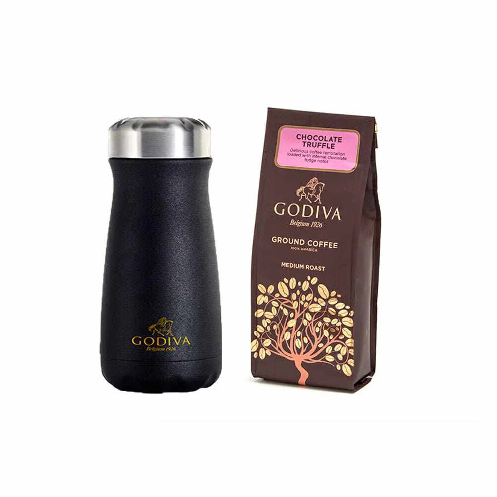 Godiva Traveler Bottle by Swell with Chocolate Truffle Ground Coffee Packaging