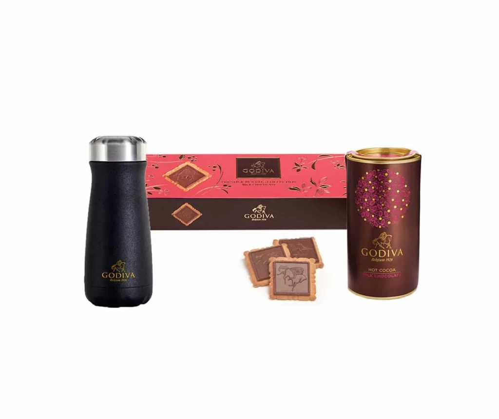 Godiva Traveler Bottle by Swell with Milk Chocolate Cocoa and Biscuits Packaging