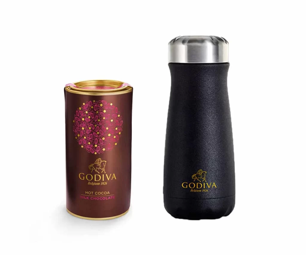 Godiva Traveler Bottle by Swell with Milk Chocolate Hot Cocoa Canister Packaging