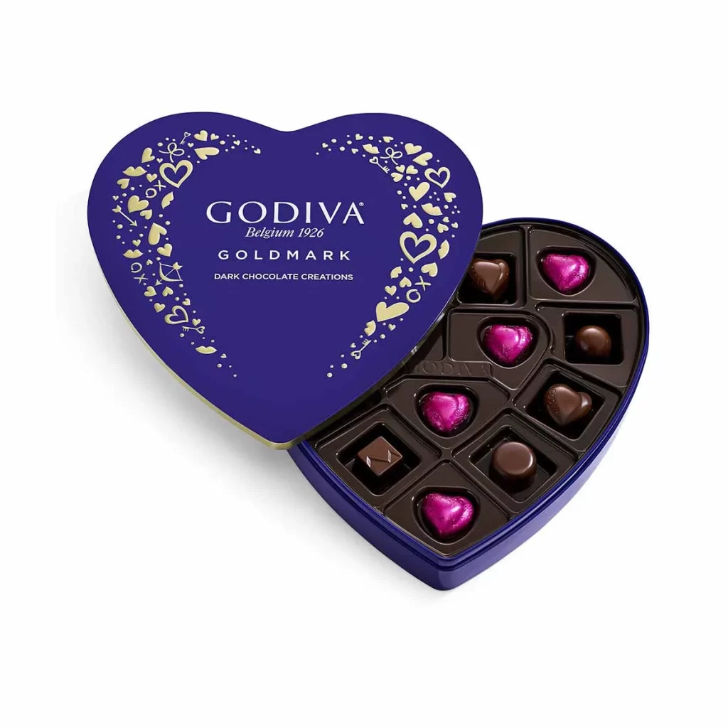 Godiva Goldmark Heart-Shaped Dark Chocolate Tin 14 pc Packaging