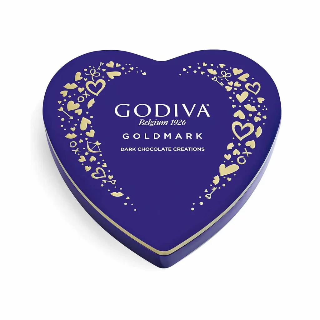 Godiva Goldmark Heart-Shaped Dark Chocolate Tin 14 pc Packaging