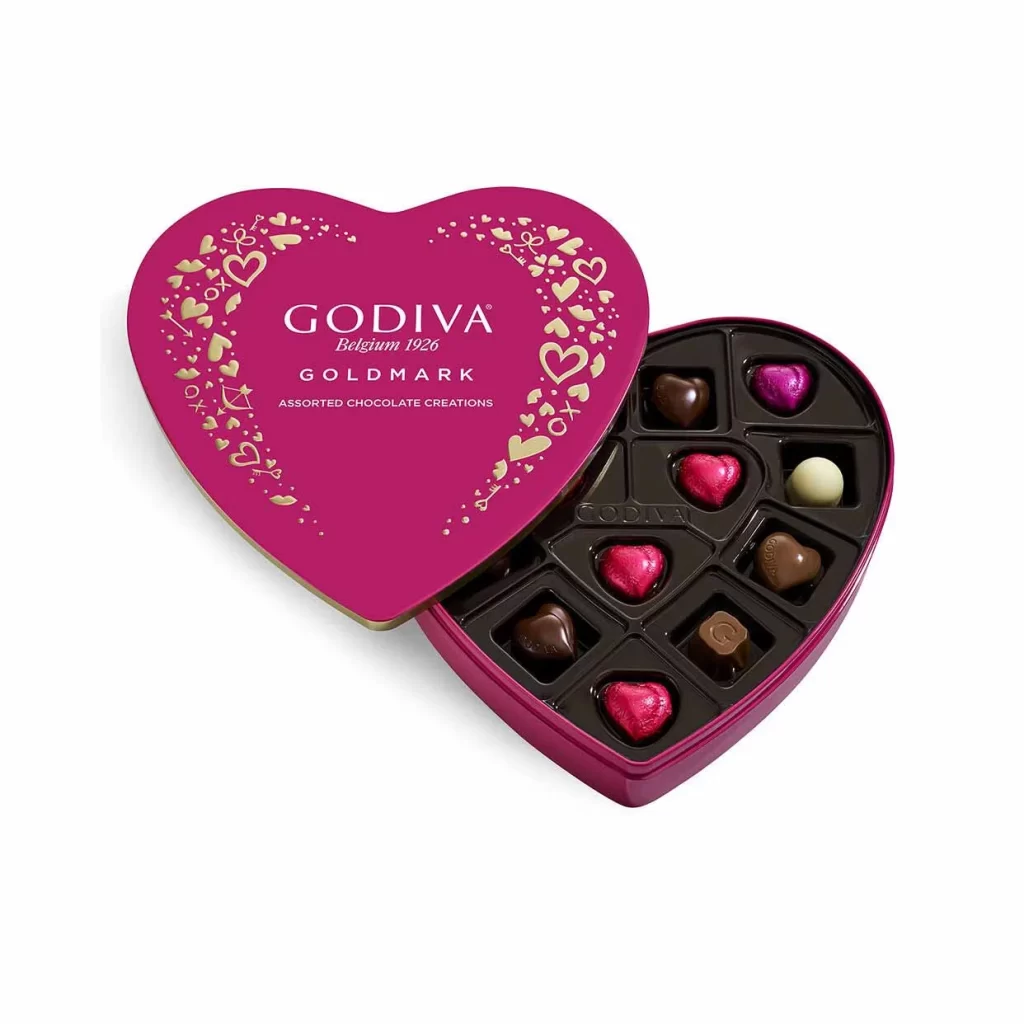 Godiva Goldmark Valentines Day Heart-Shaped Tin 14 pc Packaging