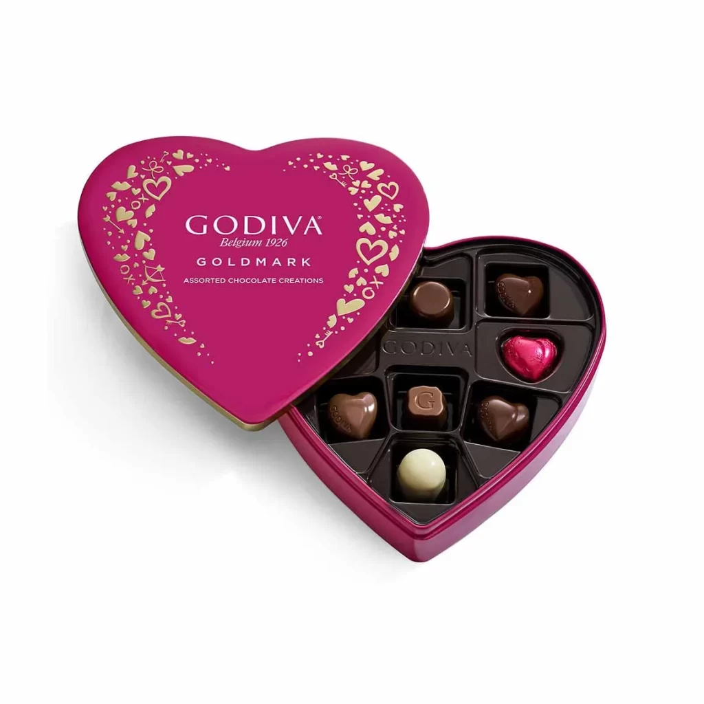 Godiva Goldmark Valentines Day Heart-Shaped Tin 9 pc Set of 6 Packaging