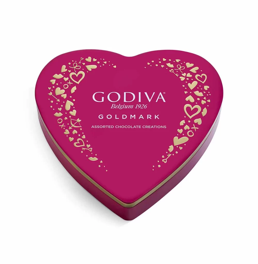 Godiva Goldmark Valentines Day Heart-Shaped Tin 9 pc Set of 6 Packaging