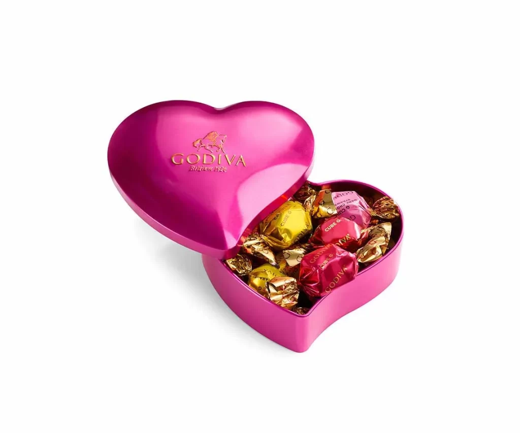 Godiva Heart Tin with Assorted Individual Wrapped Chocolates 10 pc Packaging