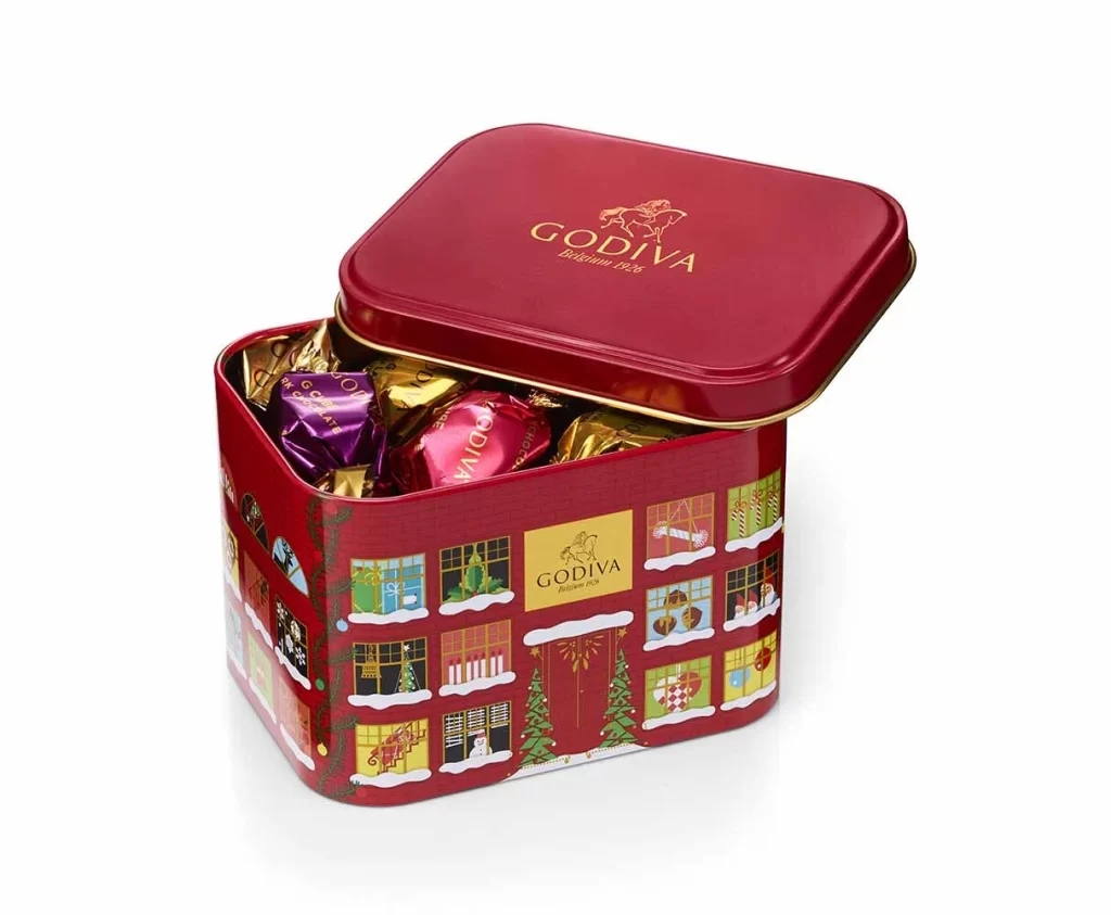 Godiva Holiday G Cube Truffle Tin Set of 4 15 pc each Packaging