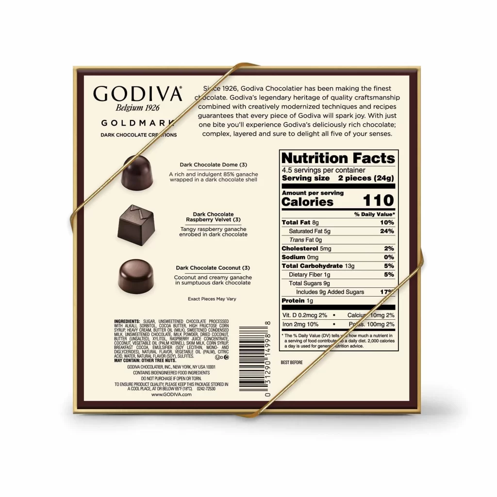 Godiva Holiday Goldmark Dark Chocolate Gift Box 9 pc Packaging