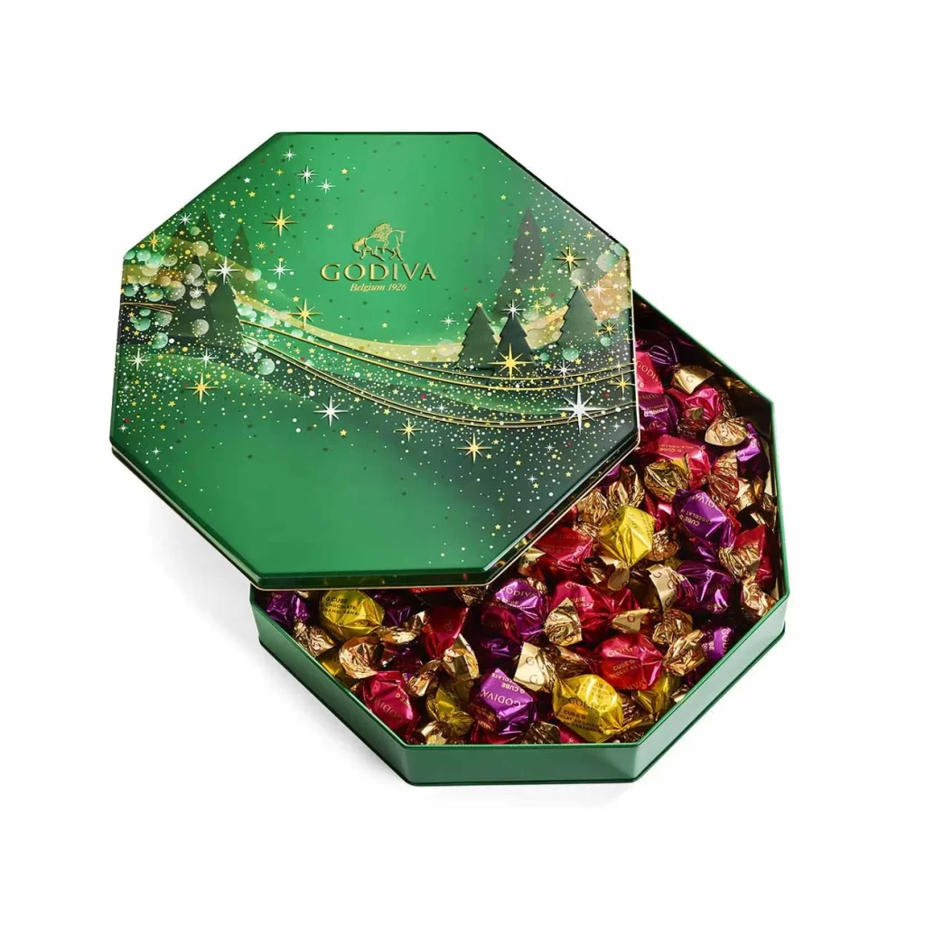 Godiva Holiday Sparkle Tin Assorted Wrapped G Cube Truffles 50 pc Packaging