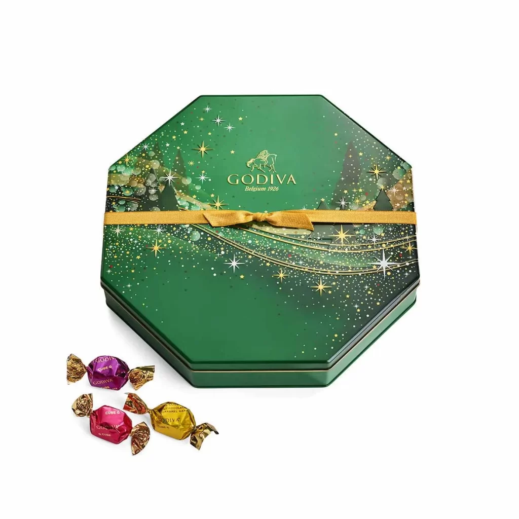 Godiva Holiday Sparkle Tin Assorted Wrapped G Cube Truffles 50 pc Packaging