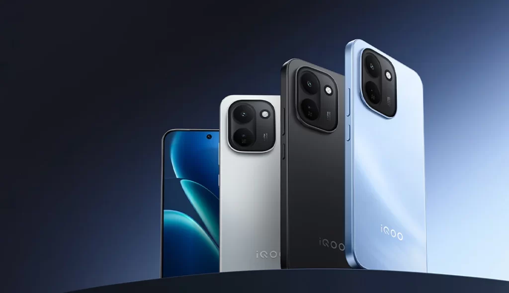 iQOO Smartphone Silver Black Ice Blue Rear View Product Photography