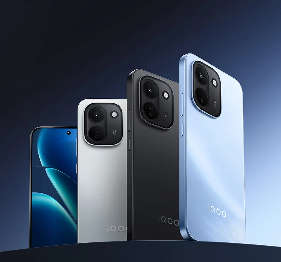 iQOO Smartphone Silver Black Ice Blue Front Back Product Photography
