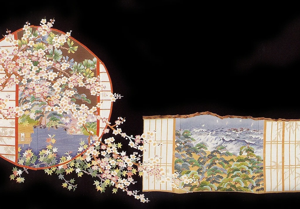 Japanese Circular Art Cherry Blossom Water Scene