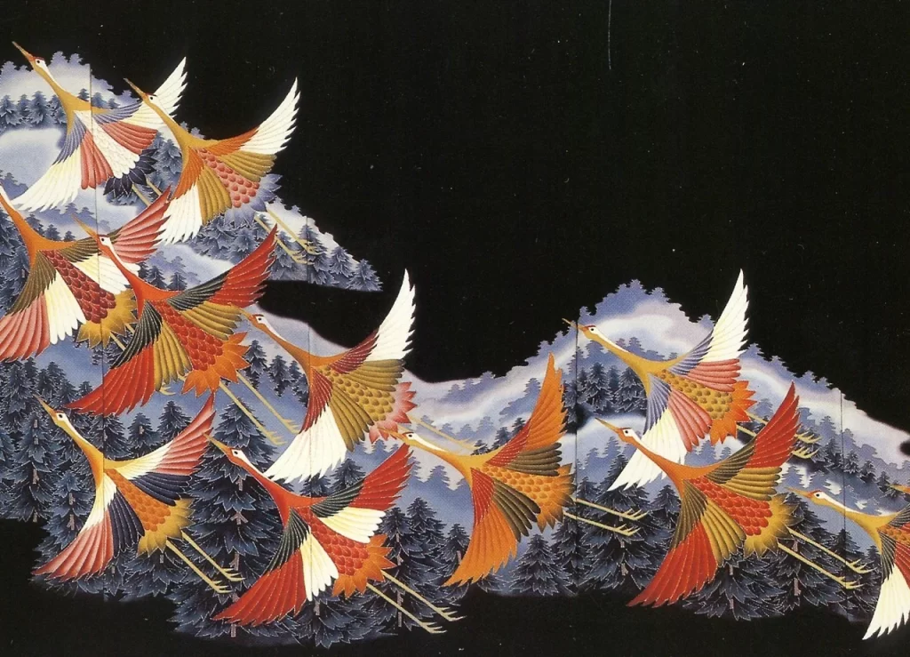 Japanese Colorful Crane Flock Painting