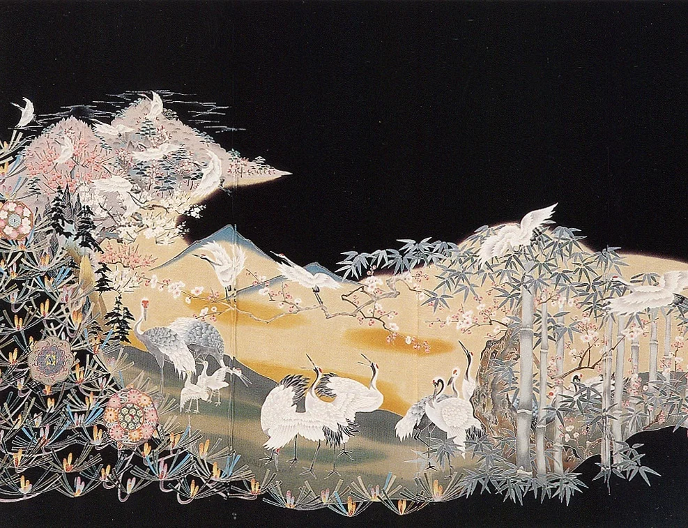 Japanese Crane Painting Mountain Landscape