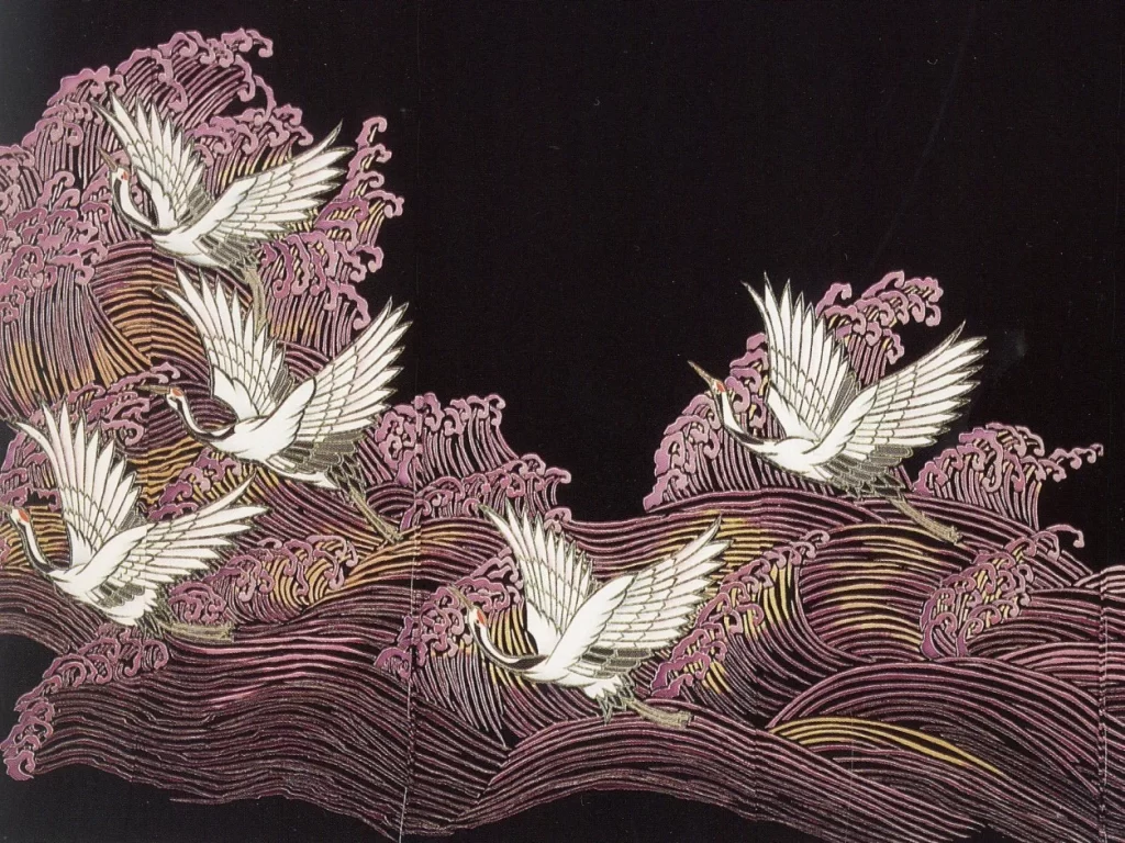 Japanese Crane Painting Wave Purple Gold