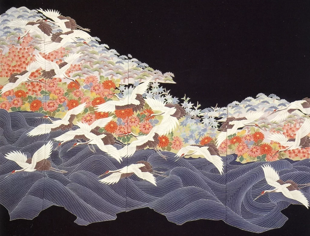 Japanese Crane Wave Floral Painting