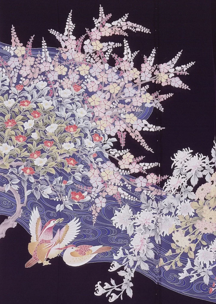 Japanese Kimono Textile Dark Floral Pattern