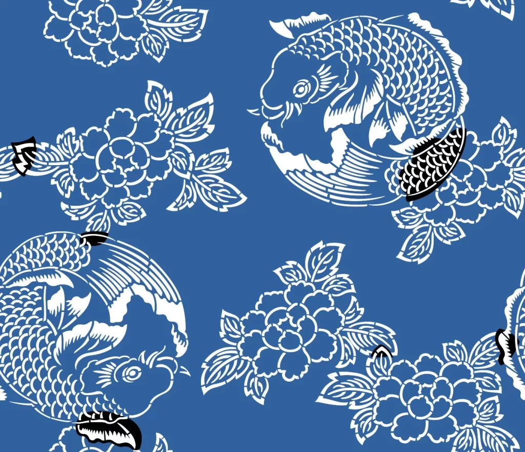 Japanese Koi Fish Floral Blue Pattern