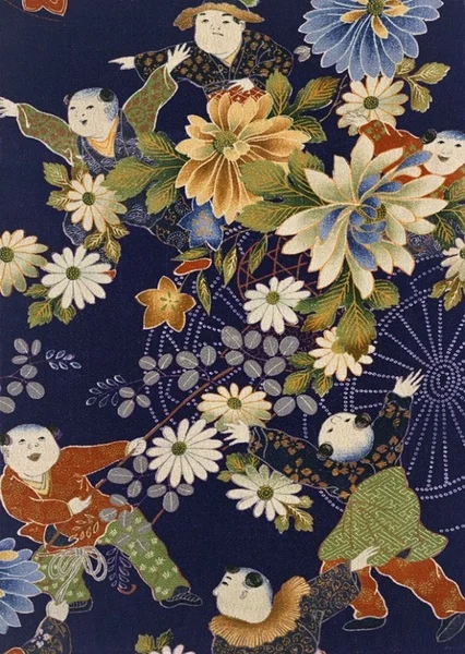 Japanese Textile Stylized Figure Pattern