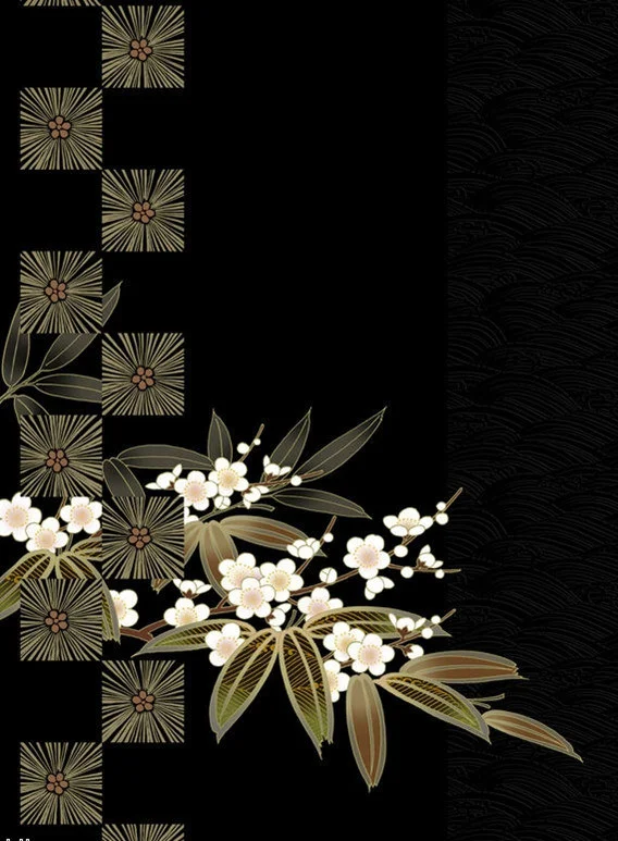Japanese White Floral Pattern Black Background
