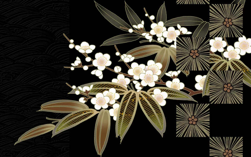 Japanese White Floral Branch Black Background