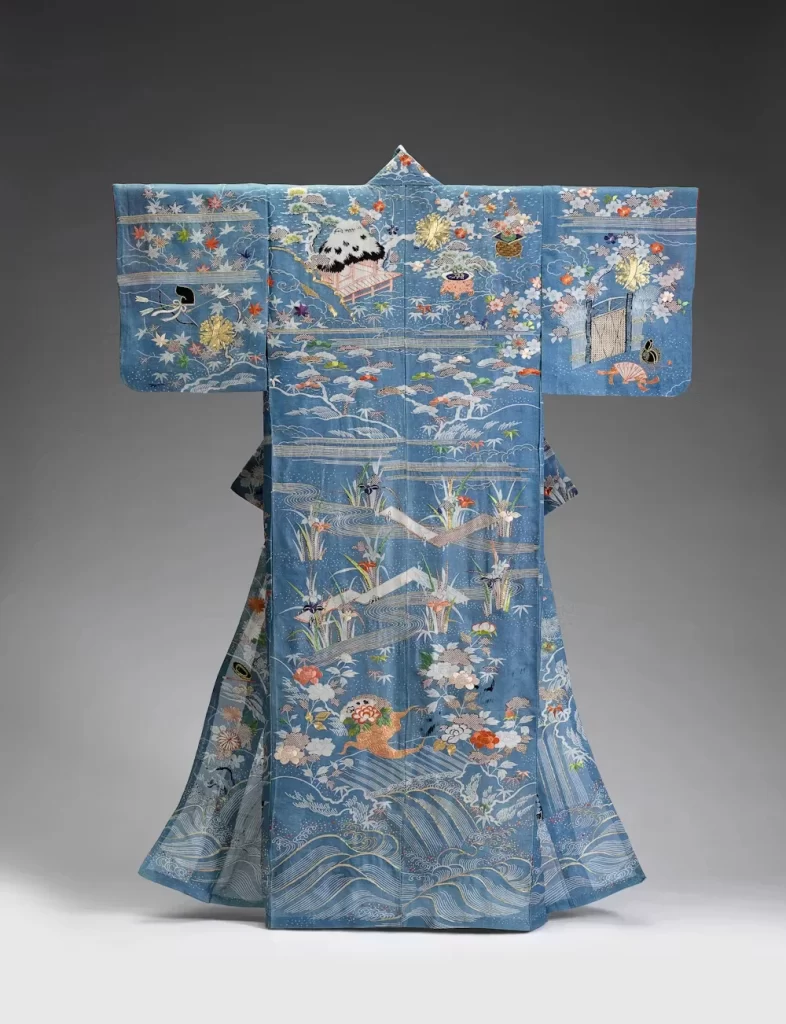 Kimono Blue Floral Pattern Japanese Traditional Clothing