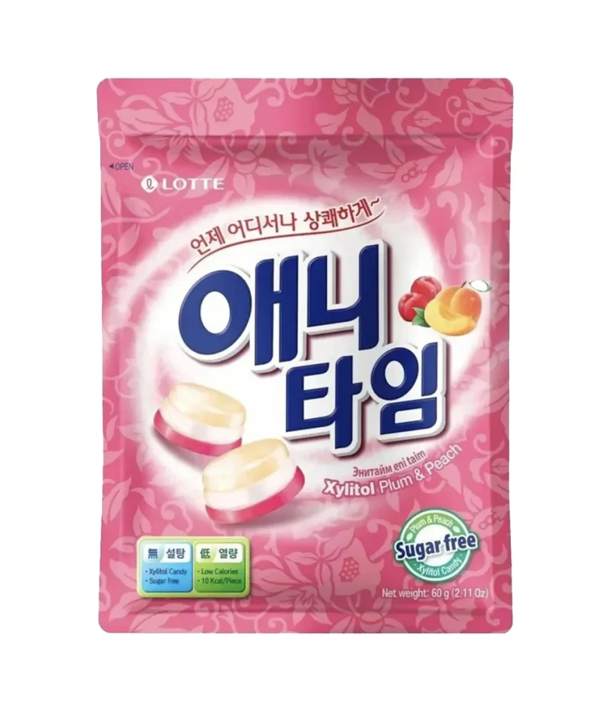 Lotte Anytime Xylitol Plum Peach Candy Packaging