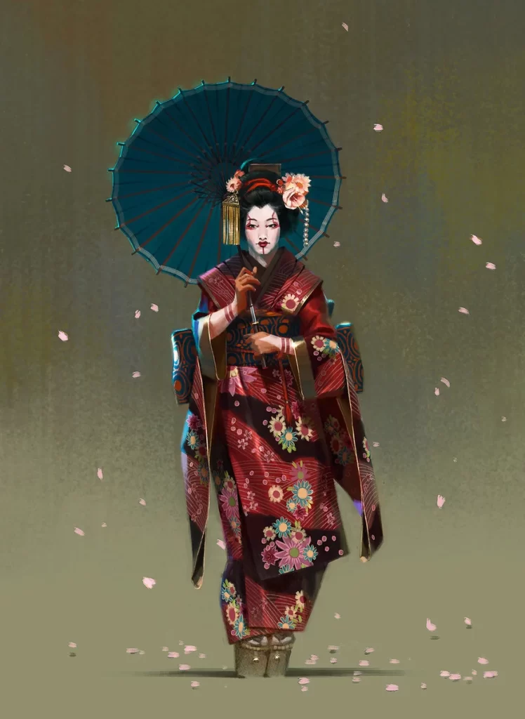 Geisha Red Kimono Umbrella Illustration