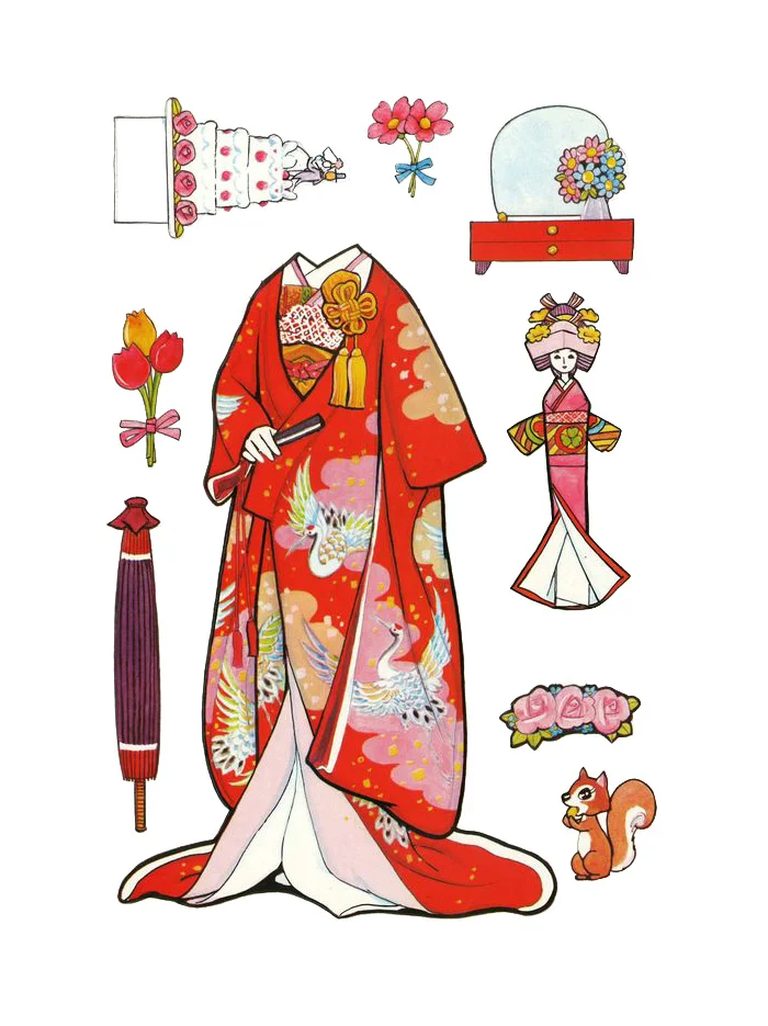 Japanese Red Kimono Accessories Illustration