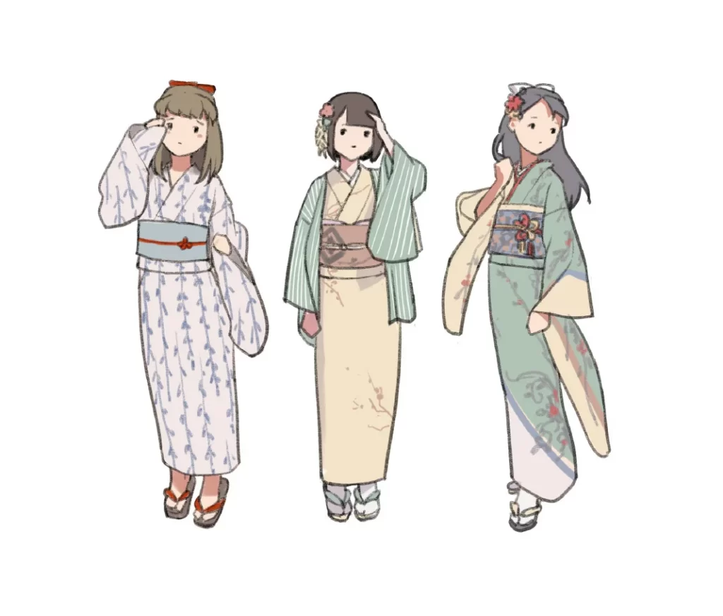 Three Women Kimono Illustration