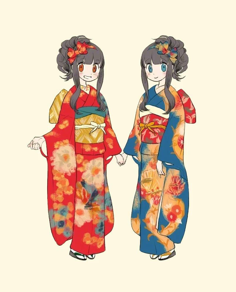Two Girls Kimono Illustration