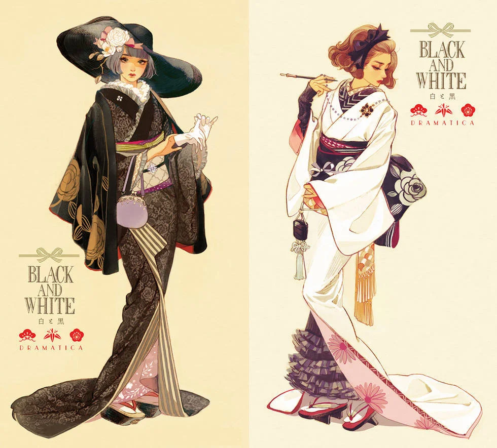 Japanese Kimono Black White Illustration