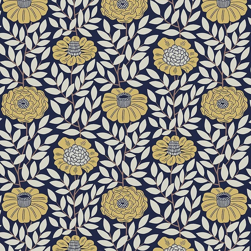 Nancy Wolff Navy Yellow Floral Leaf Pattern