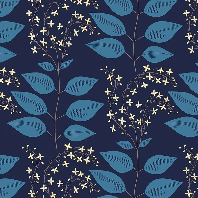 Nancy Wolff Blue Yellow Leaf Floral Pattern