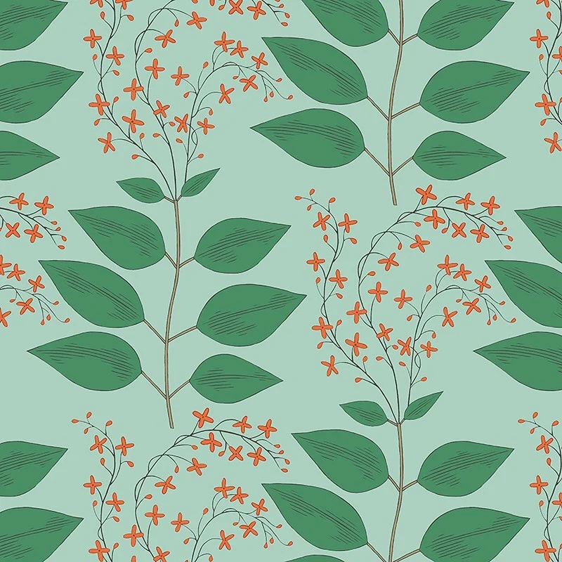 Nancy Wolff Green Orange Leaf Floral Pattern