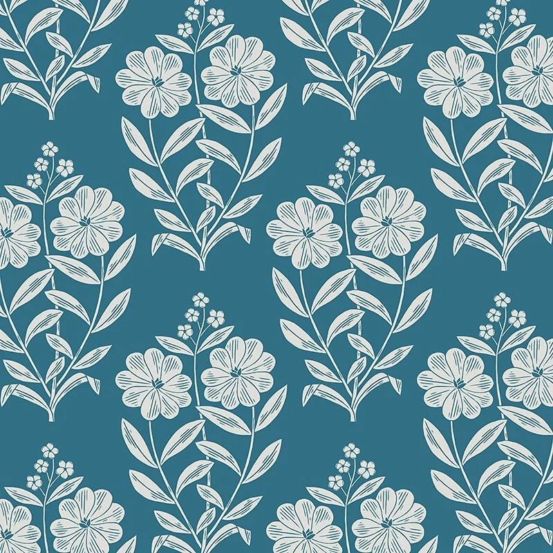 Nancy Wolff Teal White Floral Motif Leaf Pattern