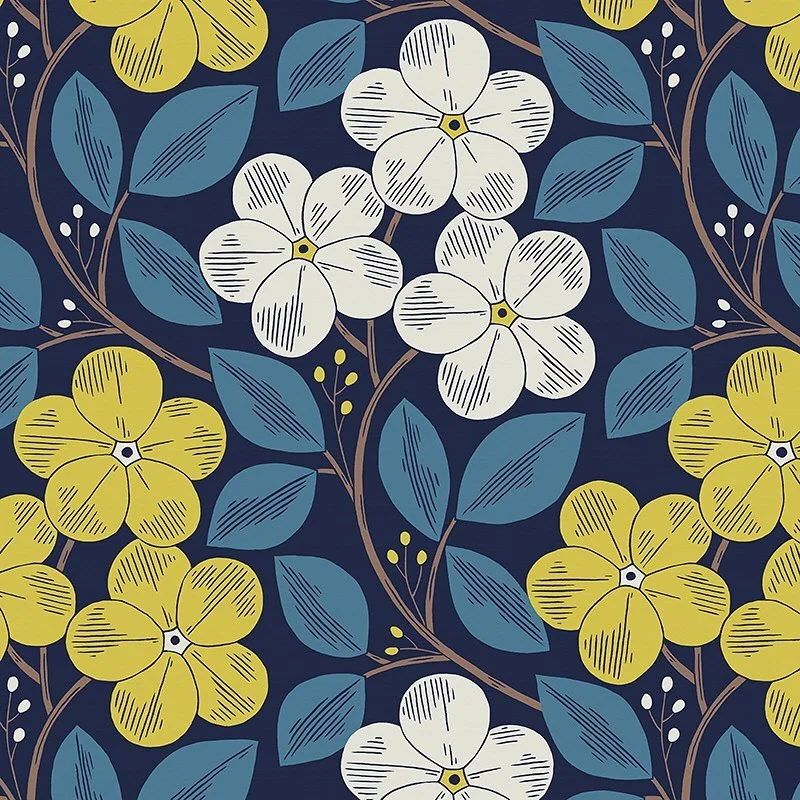 Nancy Wolff Navy Yellow Floral Leaf Pattern