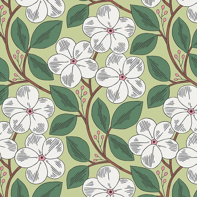 Nancy Wolff White Green Floral Leaf Pattern